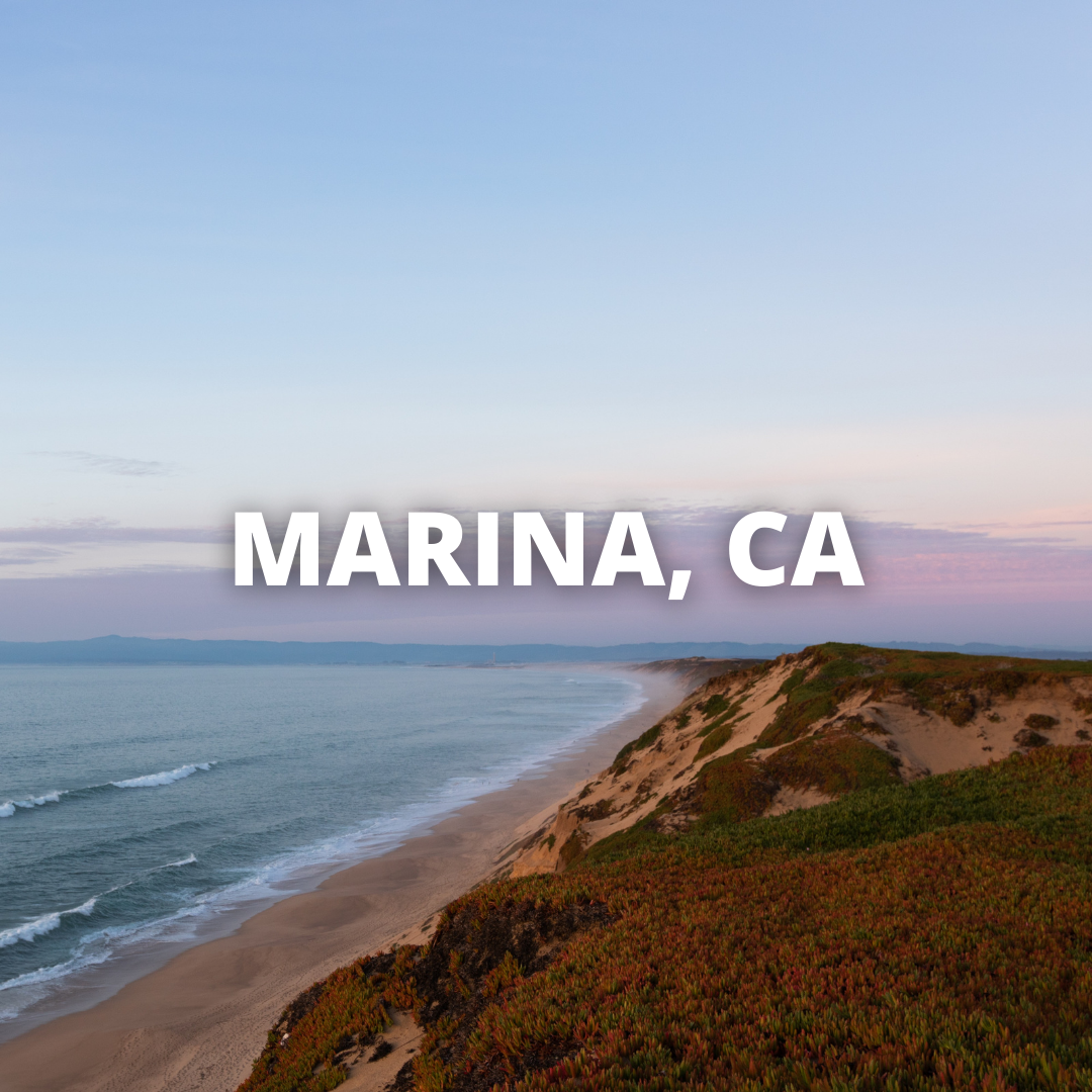 coastal landscape with shore to left written Marina, ca
